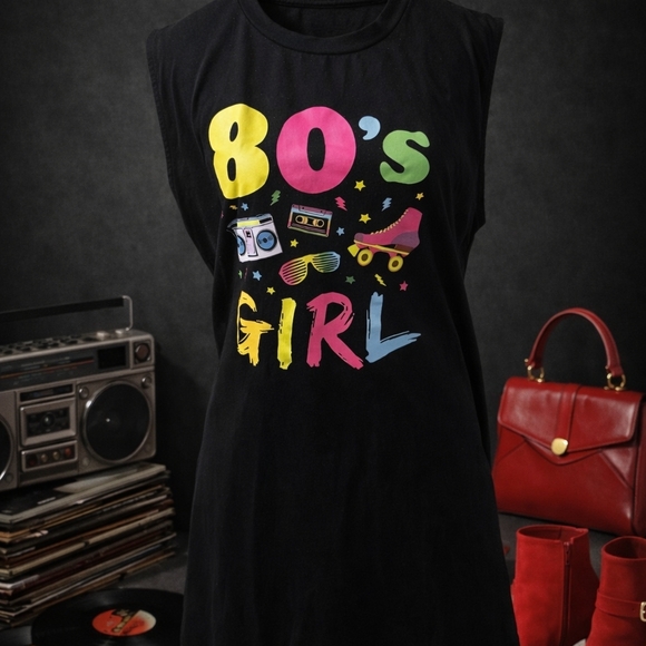 Tops - 80's Girl Graphic Black Sleeveless Top